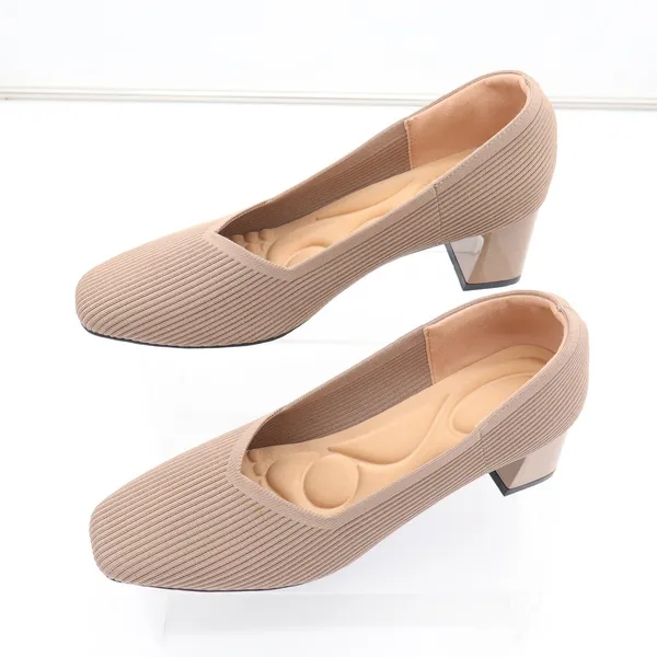 Taupe Ribbed Knit Block Heel Pumps Square Toe Comfort Insole Size 41 - Image 2