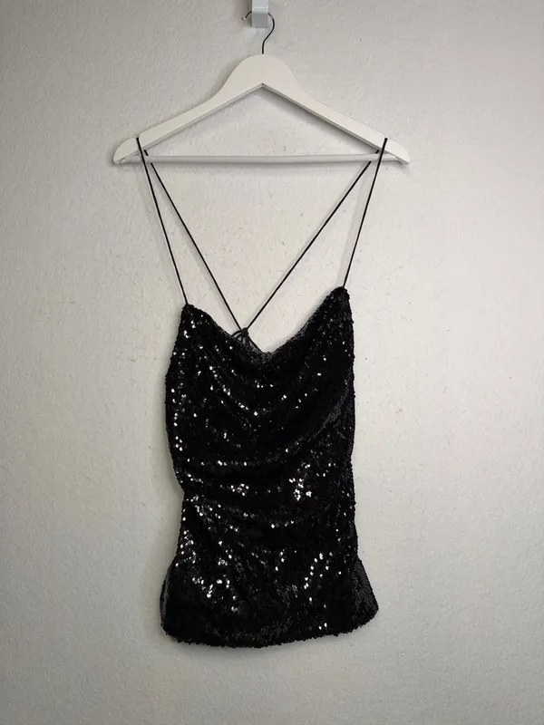 NWT ASOS Cross Back Black Sequin Strappy Cami | US 4 - Image 2