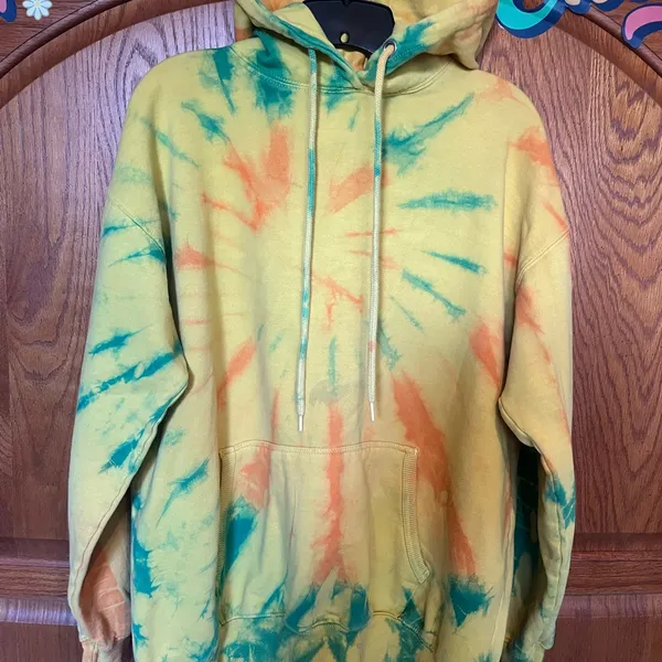 Vibrant Tie-Dye Hoodie - Yellow-Gold Orange, Green front pouch Size XL - Image 4