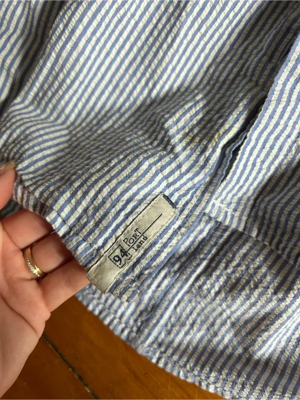 Jill Mogowan blue white striped button down shirt USA cotton small see stains - Image 4
