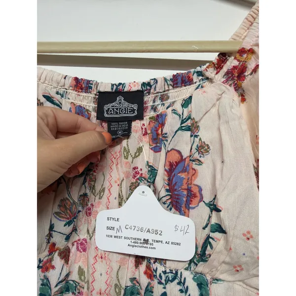 Angie Boho Floral Puff Sleeve Prairie Maxi Dress Cottagecore Cream Pink Medium - Image 3