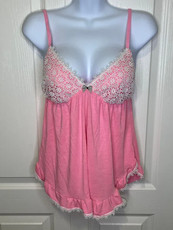 Victoria’s Secret Babydoll Pajama Tank Top Bubblegum Pink With Off White Daisy Coquette Lace Medium - Image 2