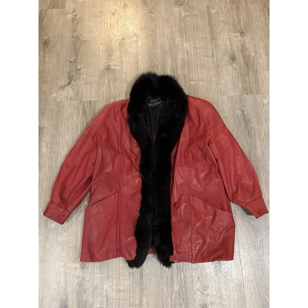 Vtg Red Leather Millyn Fur‎ Collar Coat Jacket 80's Glam Mob - Image 2
