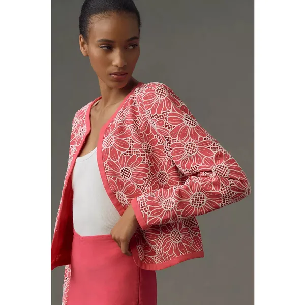 Anthropologie‎ NWT Dolan Pink & White Linen Cutwork Jacket Size M - Image 3
