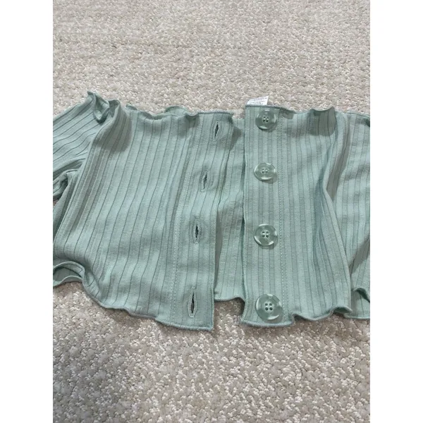 Ribbed Off-Shoulder Button Crop Top in Sage Green Size S Shell 91% Tencel - Image 10
