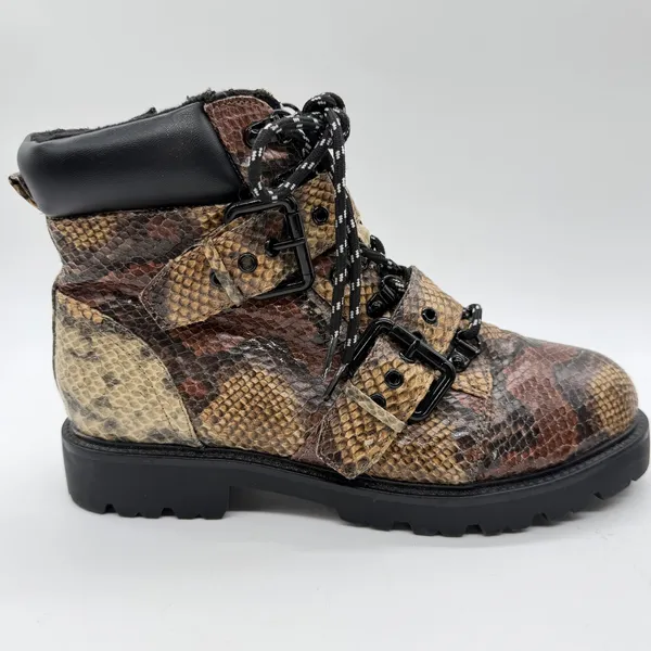 ASOS Womens Snakeskin Print Combat Boots Brown Lug Sole Buckle Side Zip Size 6 - Image 3
