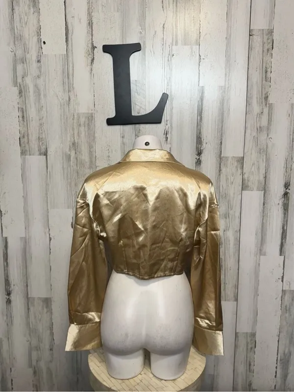 SHEIN Champagne Gold Satin Button Down Crop Top Womens Large Corset Hem Blouse - Image 4