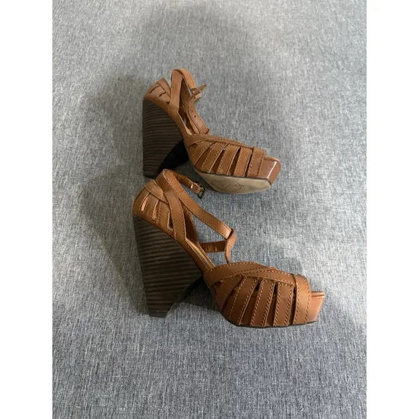 Lucky Brand Women's Brown Leather Peep Toe Wedge Heel Ankle Strap Buckle 6.5M - Image 7