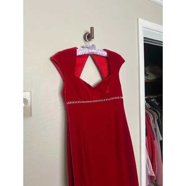 Vintage 90s Sz 4 Red Velvet Rhinestone Empire Waist Cap Sleeve Maxi Dress Gown - Image 4