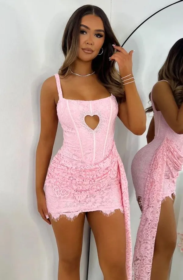 Dressmezee - TASTE OF LOVE HEART CUT OUT LACE MINI DRESS - PINK - Image 2