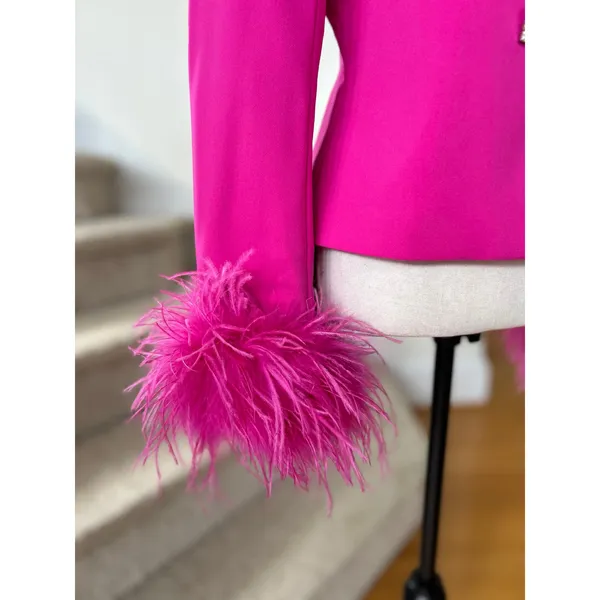 NWT NBD Elisha "Fuchsia" Hot Pink Feather Trim Rhinestone Button Blazer Glam - Image 6