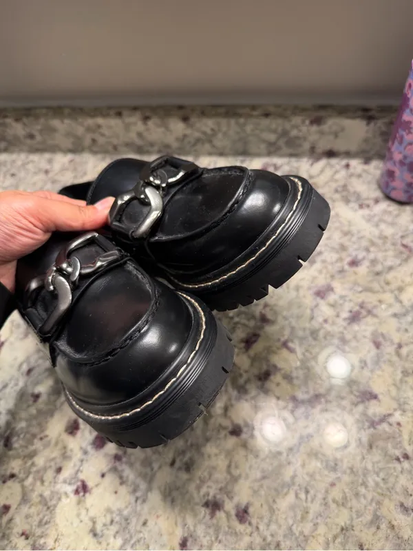 Marc Fisher Black Leather Silver ChainHorsebit Loafer Shoes Fall Chunky - Image 6