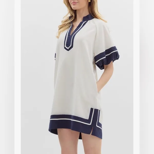 NEW Cotton Color Block Pullover V-Neck Puff Sleeve Mini Dress with Pockets S - Image 6
