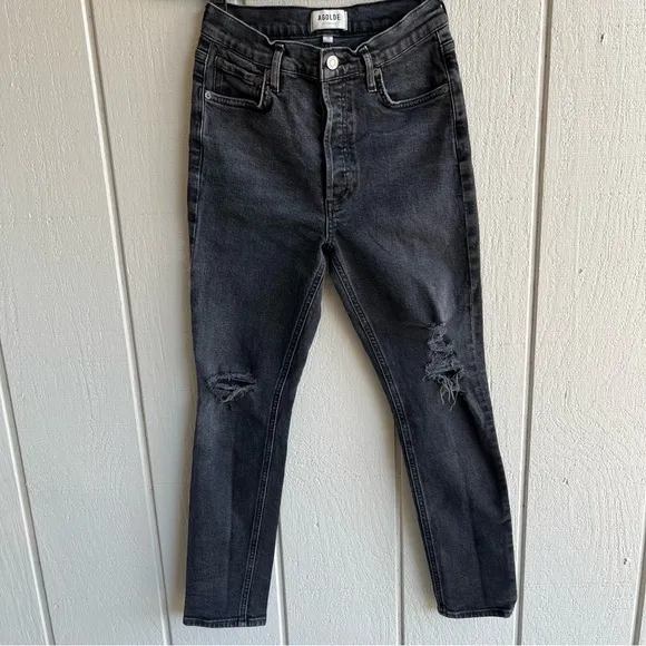 AGOLDE Nico High Rise Slim‎ Jeans in Cassette Distressed Black Wash Size 26 - Image 2