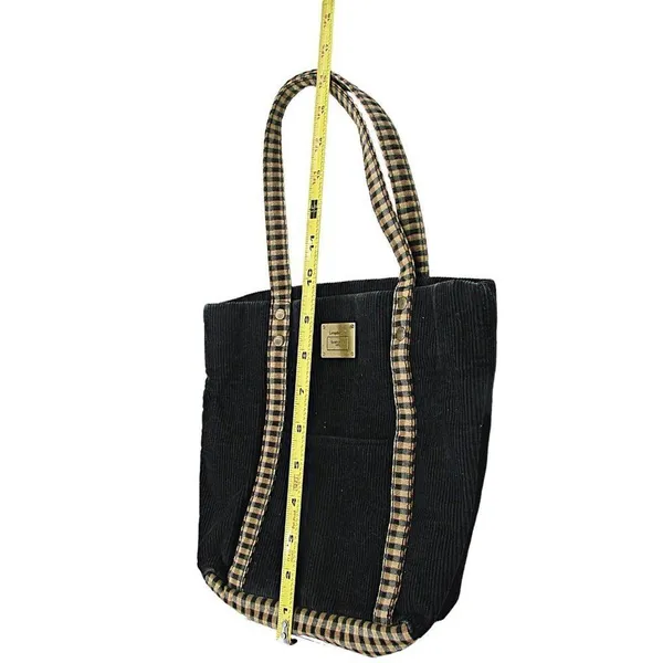 Longaberger Corduroy Plaid Tote Bag Purse Black Tan Khaki Check Homestead 9.5x10 - Image 4