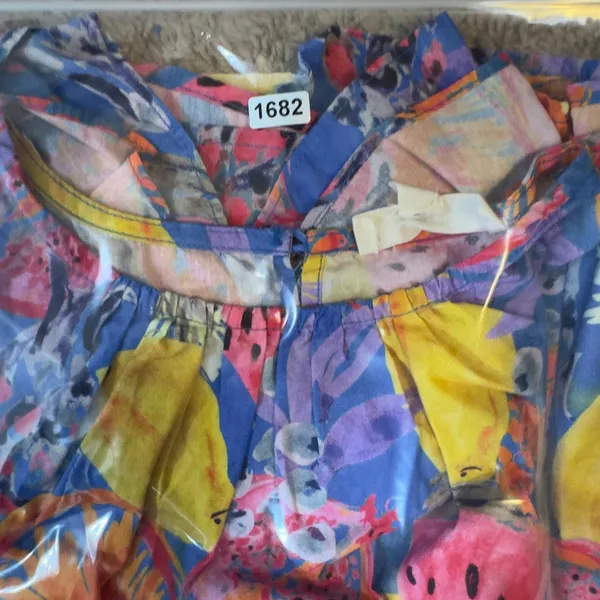 1682 | Entro‎ Boho Fruit Print Ruffle Shoulder Cotton Blouse Blue Multi Women M - Image 8