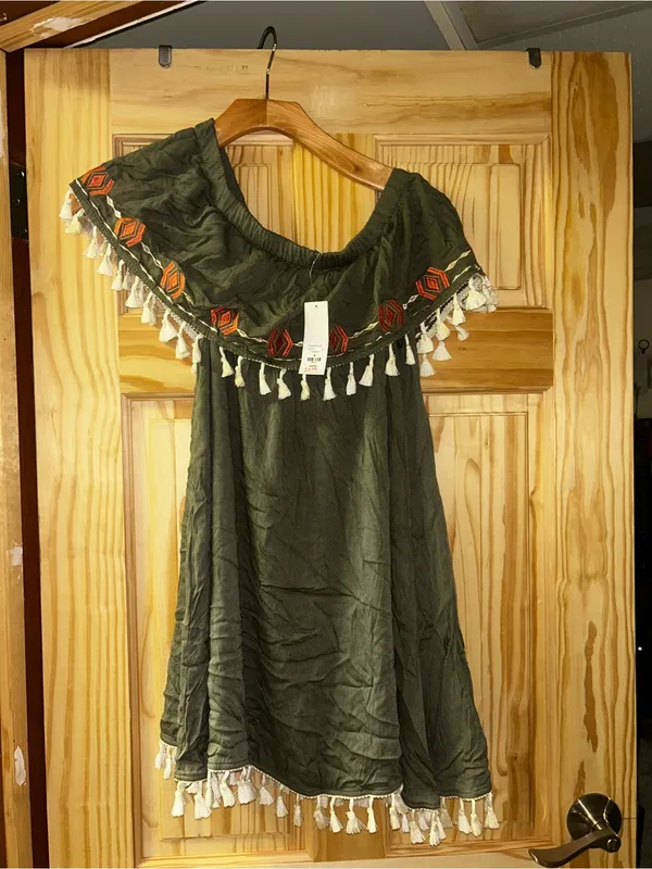 miami Olive Strapless Tassel Embroidered Swing Dress - Image 3