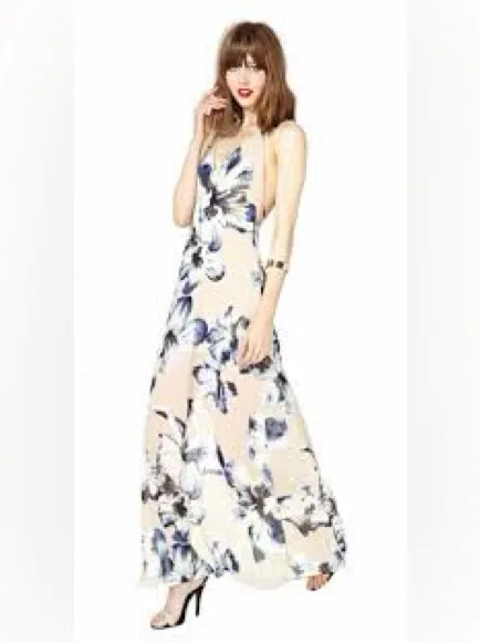 LUSH Long Ivory & Blue Floral Maxi Dress Sz S - Image 7