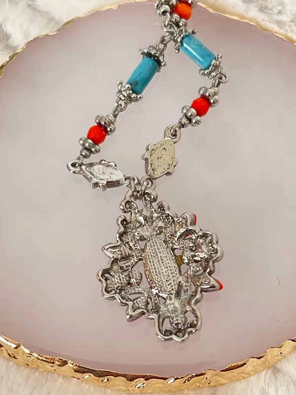 Southwestern Turquoise Coral Style Necklace Silver Tone Statement Pendant Boho - Image 4
