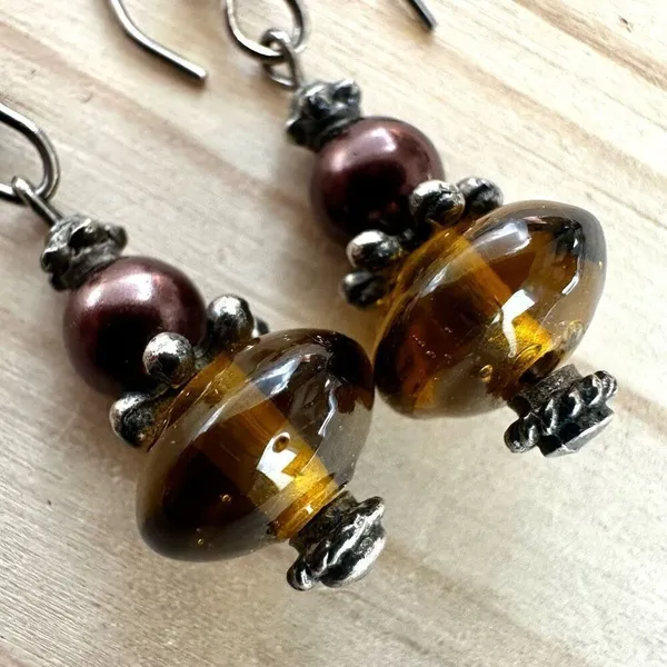 Handmade Boho Amber Glass & faux Pearl Drop Earrings - Image 4