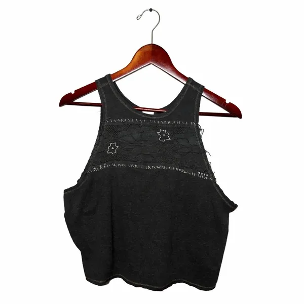 Free People We The Free Charcoal Grey Lace Inset Cropped Tank Top Womens Medium - Image 3