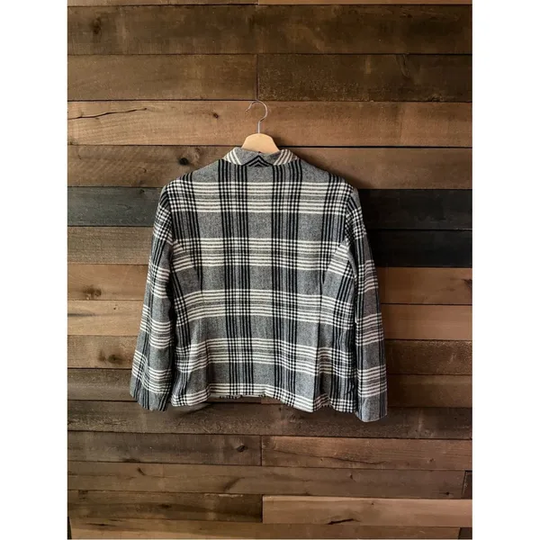 Vintage 90s Plaid Wool Blend Jacket Gray Black Cream Minimalist Coat - Image 7
