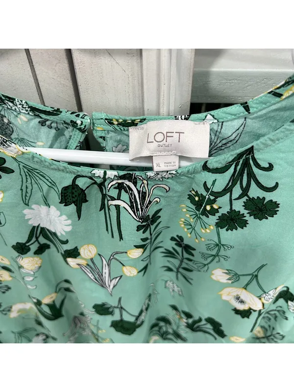 LOFT Floral Peplum Blouse Women XL Mint Green Long Balloon Sleeve Cottage Y2K - Image 3