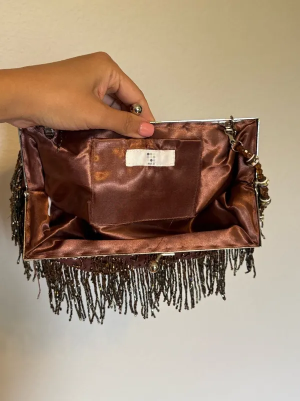 Apt. 9 | Vintage 90s-Y2K Beaded Fringe Evening Clutch Handbag - Brown - Image 6