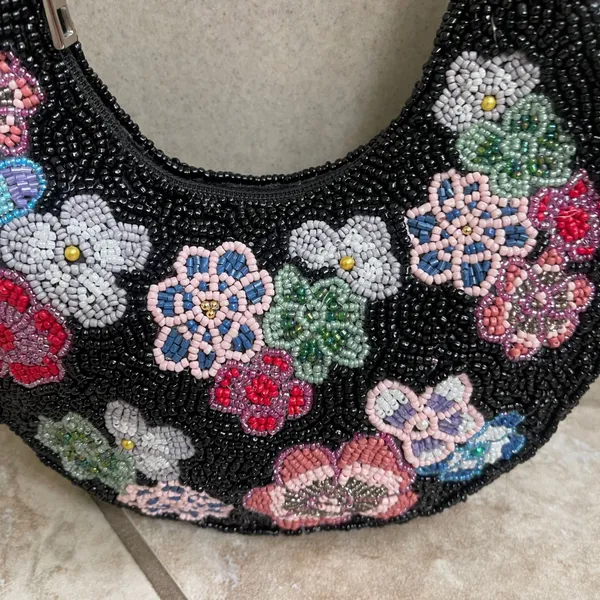 Studio 12 Black Beaded Floral Hobo Shoulder Bag Crescent Y2K Small Purse - Image 2