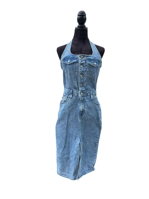 Universal Threads Denim Halter Midi Dress 90s Y2K Button Front Slit Pockets⁠ Sz 6 - Image 2