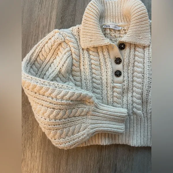 Zara Chunk Knitted Cream Crop Sweater S - Image 13