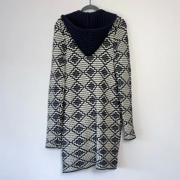 Anthropologie Fiets Voor2 Wool Blend Hooded Tassel Cardigan Sweater in Navy Beige Medium - Image 6