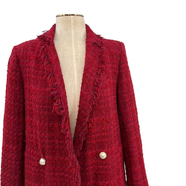 Zara Tweed Blazer Jacket‎ Coat Gold Buttons Frayed Hem Red Size Small - Image 5