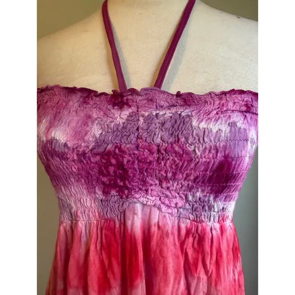 Rainbow TieDye Smocked Halter MiniDress CoverUp Pink Blue Green boho beach M NWt - Image 2