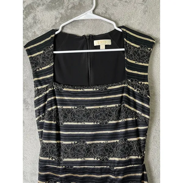 Erin Fetherston Black Gold Lace Stripe Ruffle Hem Sheath Dress Size 2 Classic - Image 2