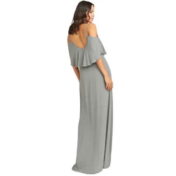Show‎ Me Your Mumu Hacienda Maxi Dress Steel Grey Chiffon Cold Shoulder Small - Image 4