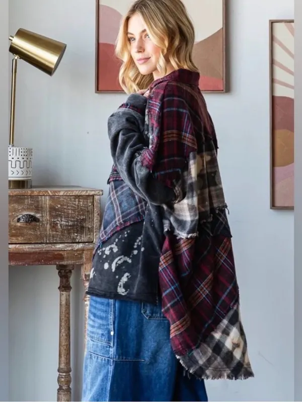 Oli & Hali Black and Burgundy Plaid Patchwork Jean Shacket - Image 3