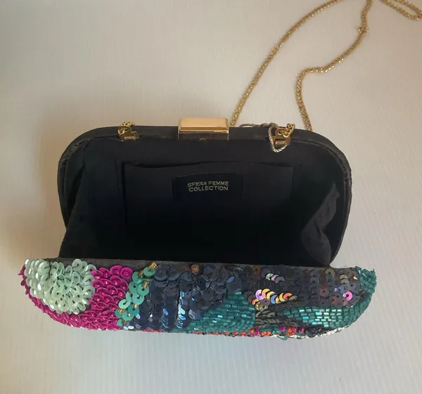 Sfera Beaded Sequin Clutch Bag with Chain Strap | Handmade Look Evening Purse - Image 3
