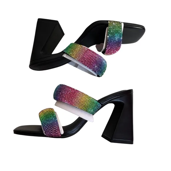 Open Edit Black Rainbow Rhinestone Square Toe‎ Block Heel Mules Slide  Size 8M - Image 5