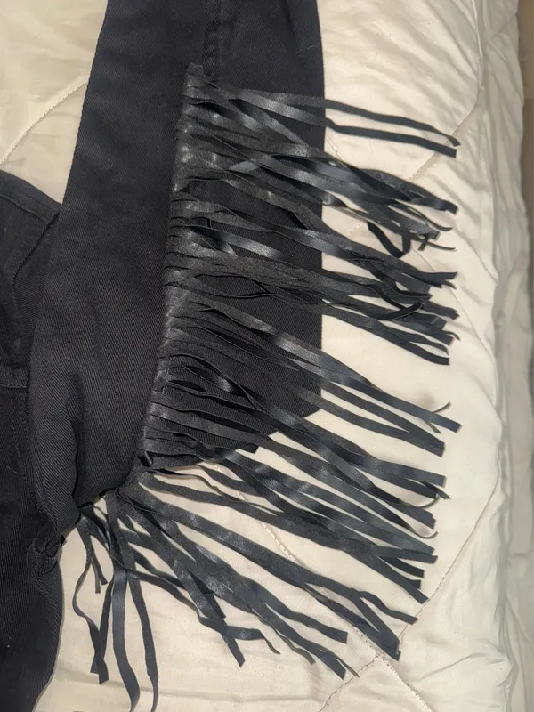 Black denim button-up dress with faux leather fringe - Image 3