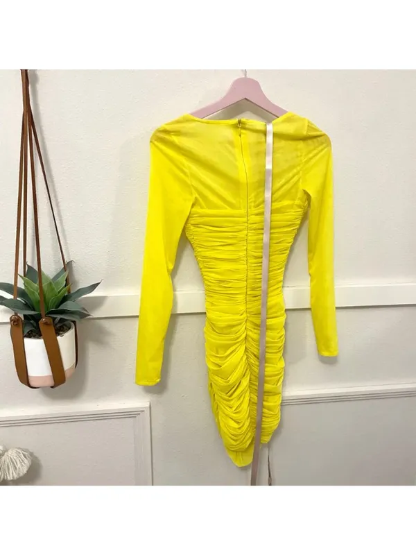 NWT House of CB London Valentina Chartreuse Ruched Mesh Dress Yellow Size XS - Image 5