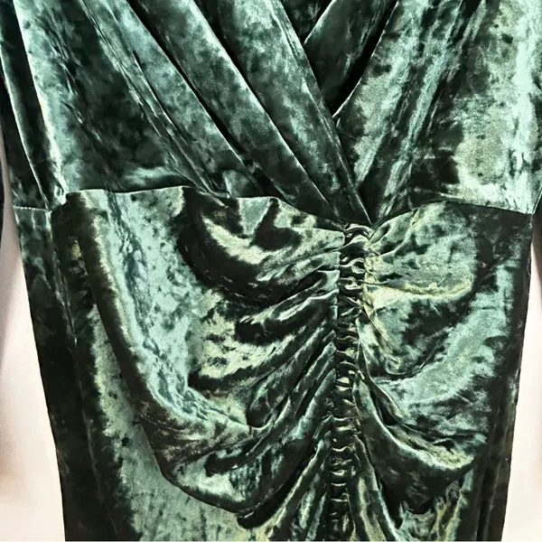 NWT Mango Green Crushed Velvet V-neck Ruched Long Sleeve Mini Dress Size XXL - Image 7
