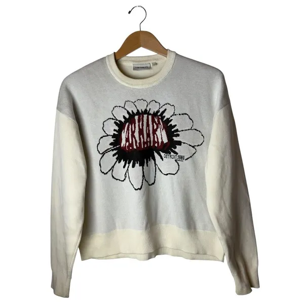 Carhartt WIP Sweater Women‎ Small Ivory Gray Cotton Knit Pixel Flower Streetwear - Image 2