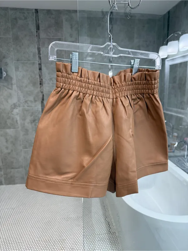 Forever 21 High-Waist Faux Leather Paperbag Shorts - Tan - Image 3