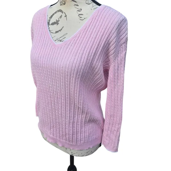 Lauren Ralph Lauren Women's Pink Cable Knit V Neck Sweater‎ 3/4 Sleeve Size S - Image 2