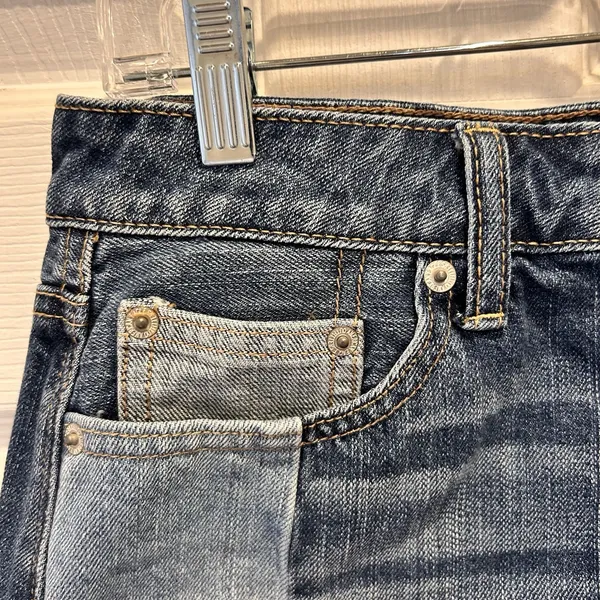 American‎ Eagle Patchwork Denim Mini Skirt Blue Cotton Frayed Hem Sz 4 Festival - Image 2