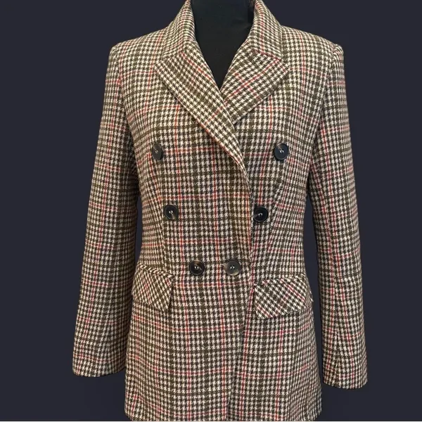 Brown and pink plaid double breast blazer jacket size 0 - Image 2
