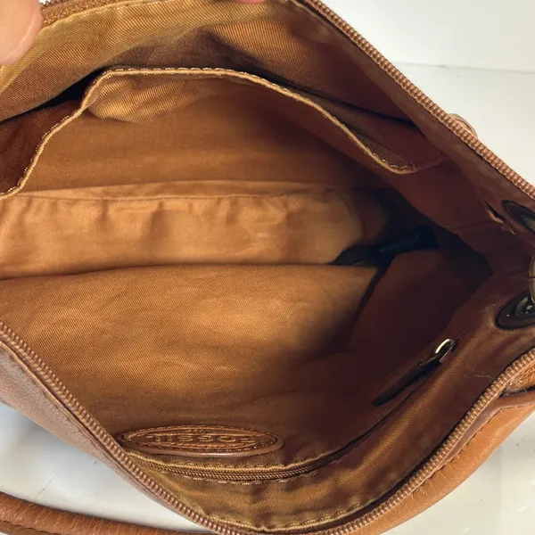Fossil Cognac Brown Pebbled Leather Convertible Crossbody Bag Antique Brass‎ Zip - Image 16