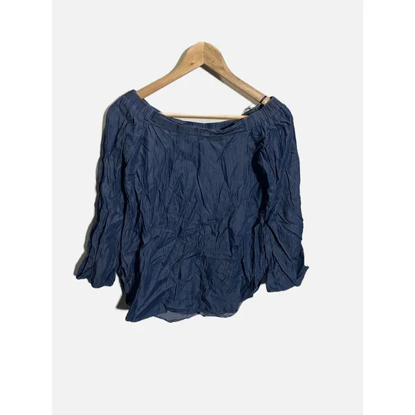Denim by Ellison Off Shoulder Top Womens S Blue Crinkle Chambray Boho RT1436-5 - Image 2