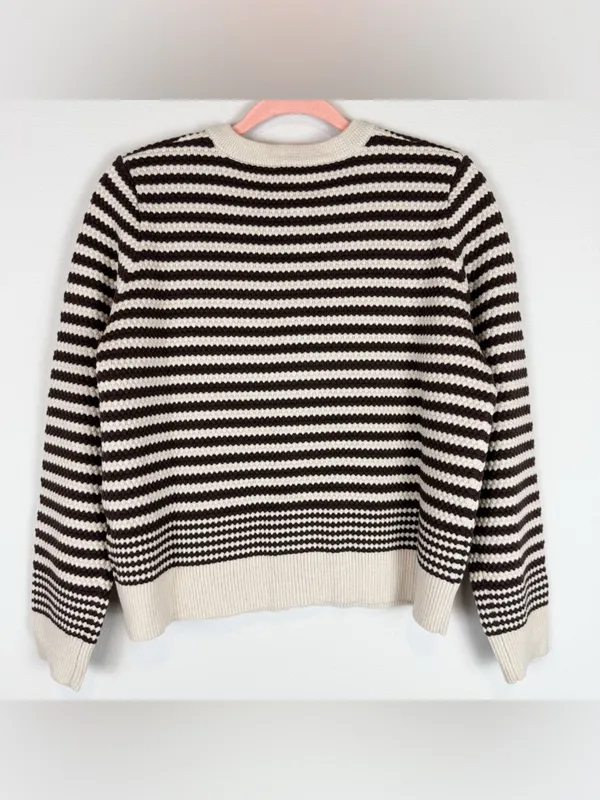 NWT Adrianna Papell Button Front‎ Striped Pointelle Cardigan Sweater Cream Brown - Image 11